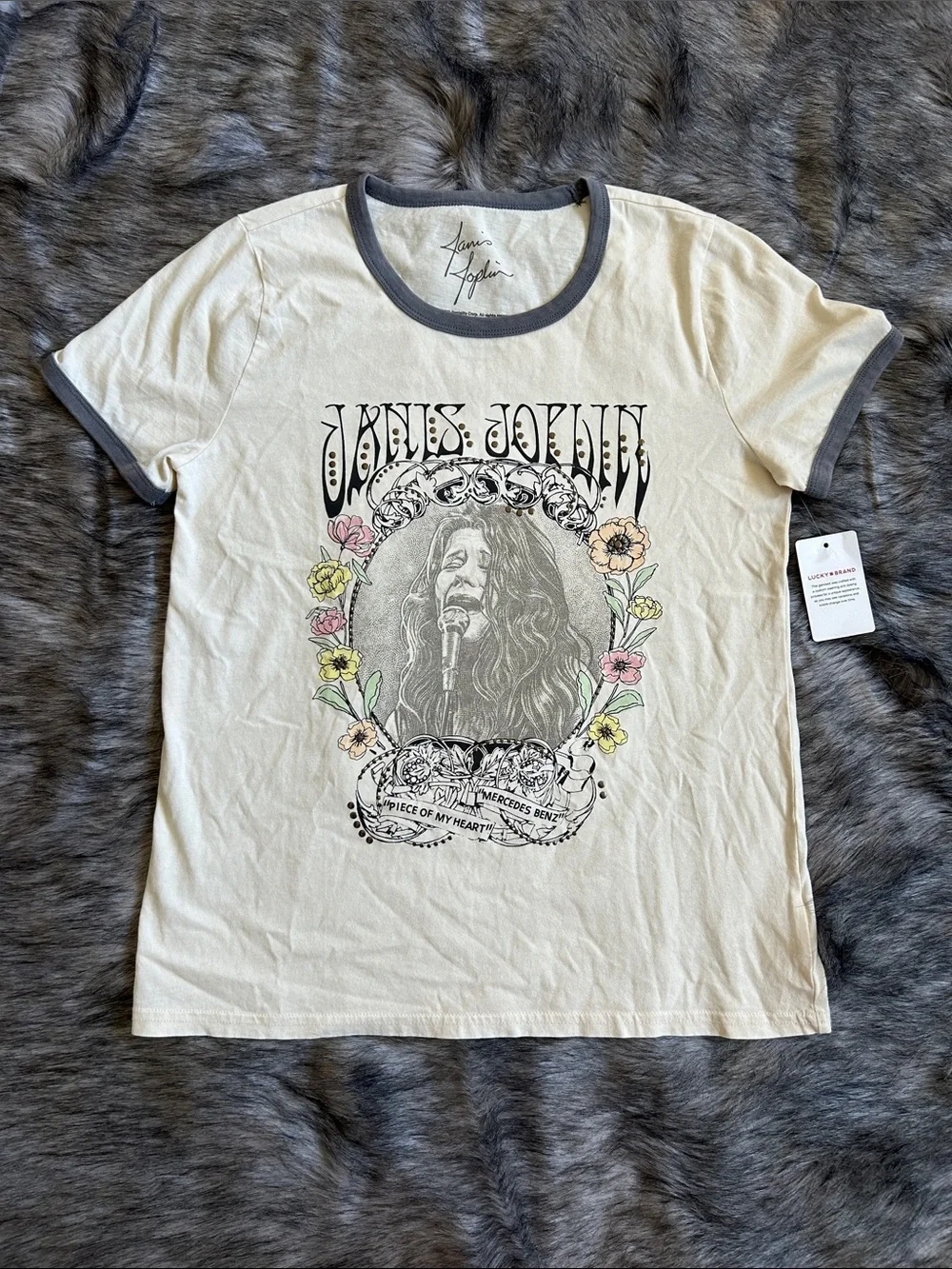 NWT Lucky Brand Floral Janis Joplin Graphic Ringer T-Shirt Small